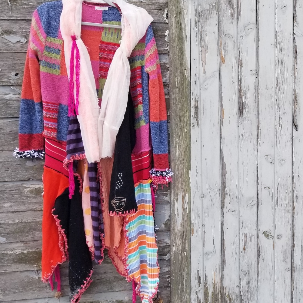Sweater Coat Boho Upcycled Patchwork Artwear - image 5